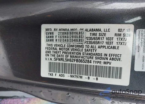 2015 Honda Odyssey Ex-L z USA, uszkodzony, nr VIN 5FNRL5H62FB065284